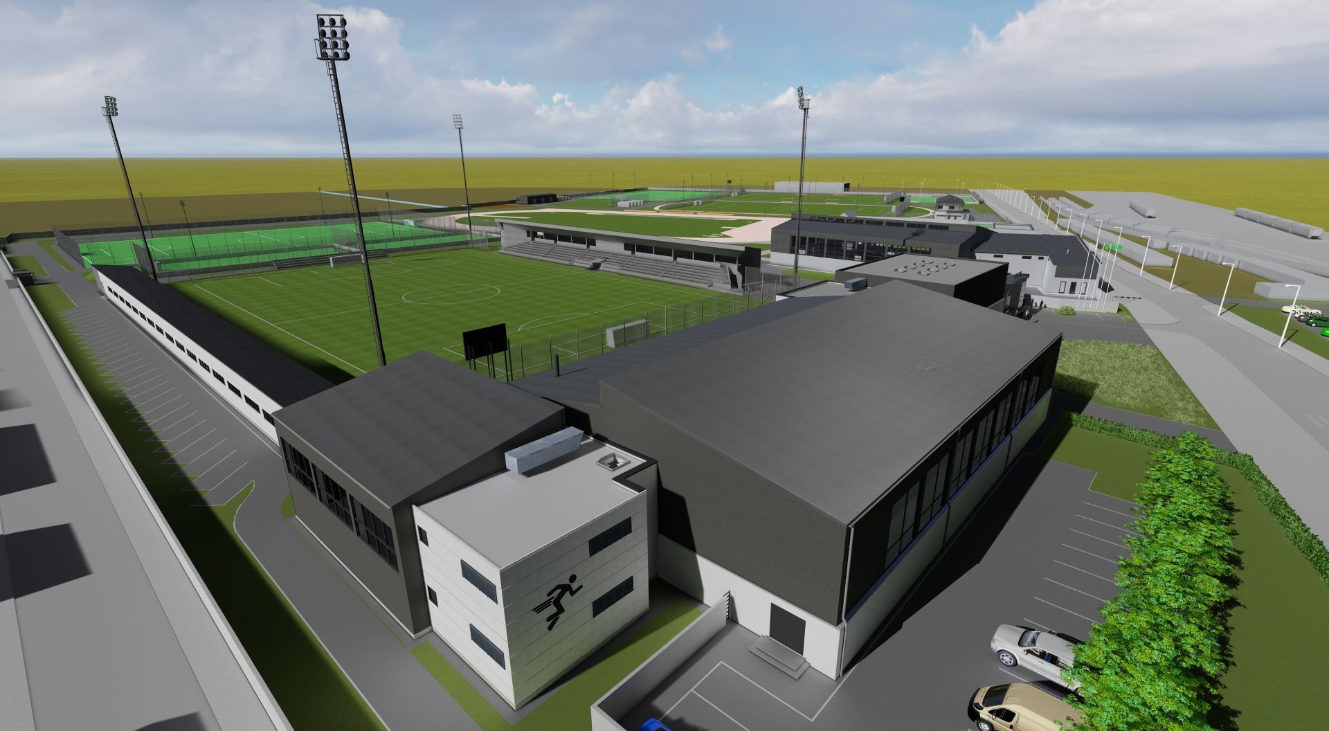A készülő sportkomplexum látványterve. Előtérben az atlétikai csarnok, balra a futófolyosó, jobbra a multifunkciós labdarúgó csarnok, mögötte a judo és ökölvívó terem.